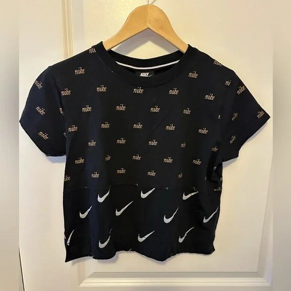 Nike metallic crop tee. Black w gold & white logo swoosh print. - Picture 6 of 7